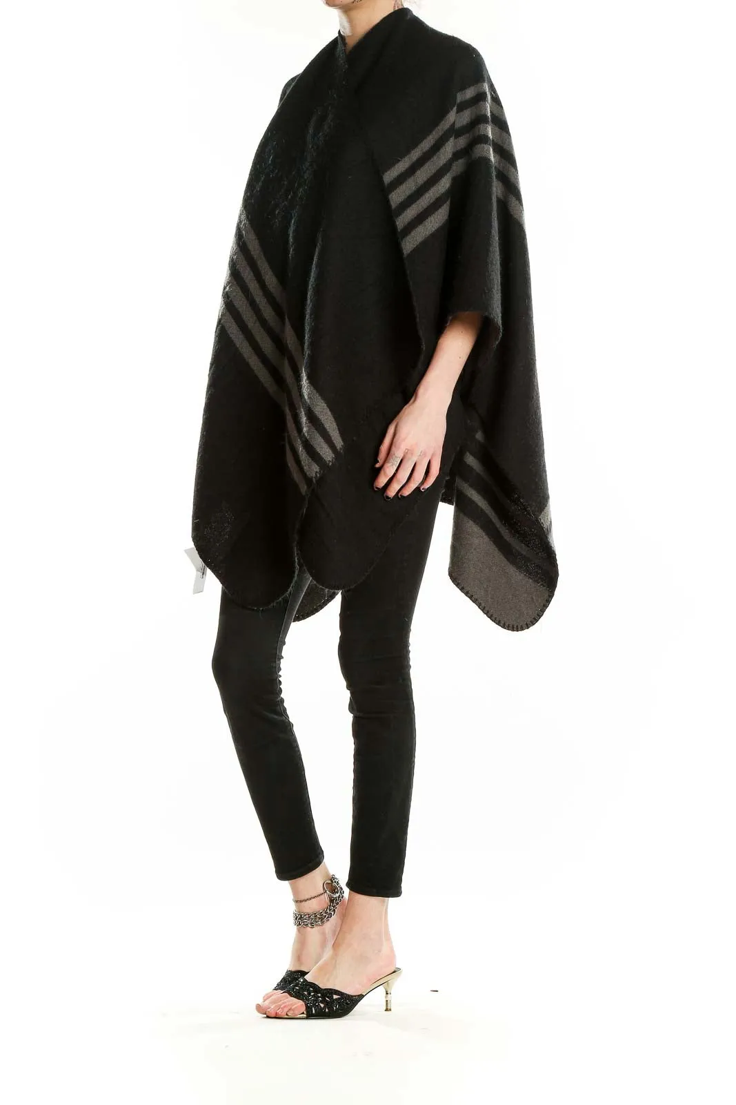 Black Striped Knit Poncho
