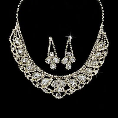 Bridal Wedding Jewelry Set Necklace Crystal Rhinestone Bib Round Gold CL