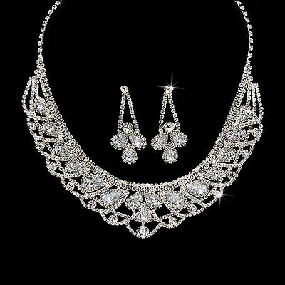 Bridal Wedding Jewelry Set Necklace Crystal Rhinestone Bib Round Silver CL