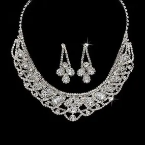 Bridal Wedding Jewelry Set Necklace Crystal Rhinestone Bib Round Silver CL