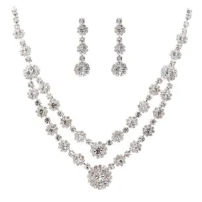 Bridal Wedding Jewelry Set Necklace Crystal Rhinestone Double Link Row Silver