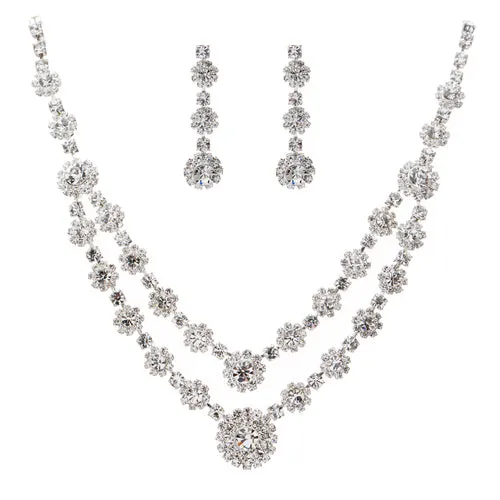 Bridal Wedding Jewelry Set Necklace Crystal Rhinestone Double Link Row Silver