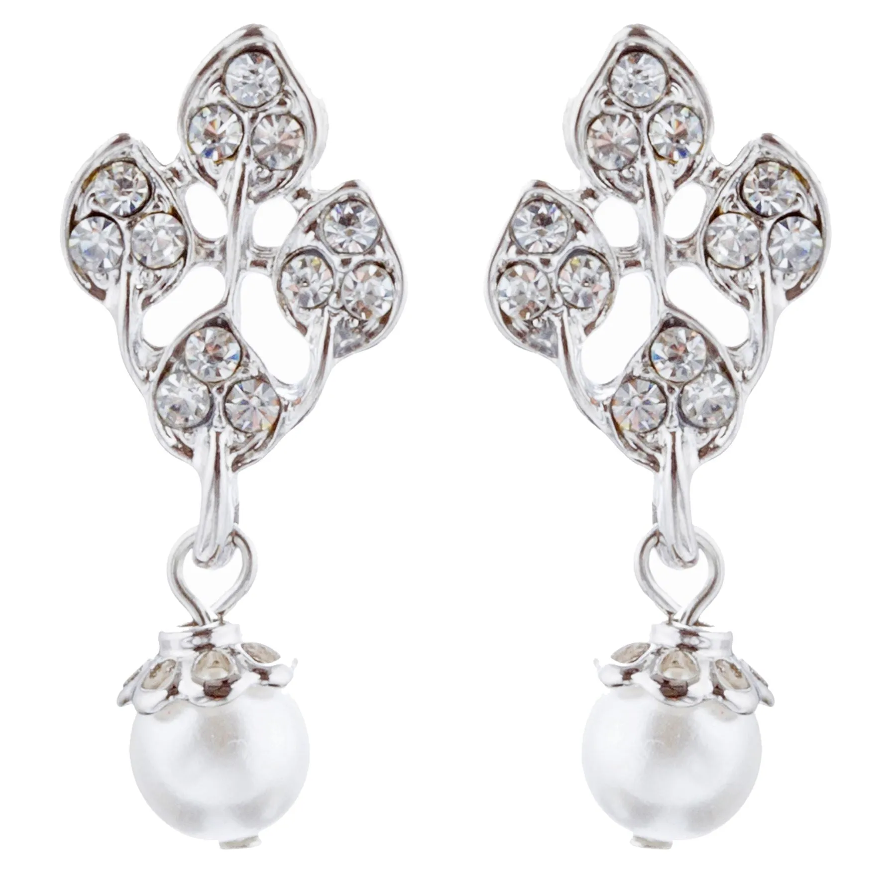 Bridal Wedding Jewelry Set Rhinestone Pearl Leaf White