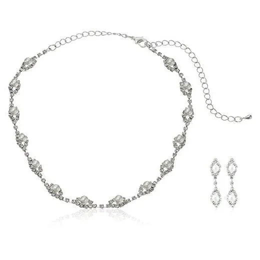 Bridal Wedding Prom Jewelry Set Crystal Rhinestone Pearl Elegant White
