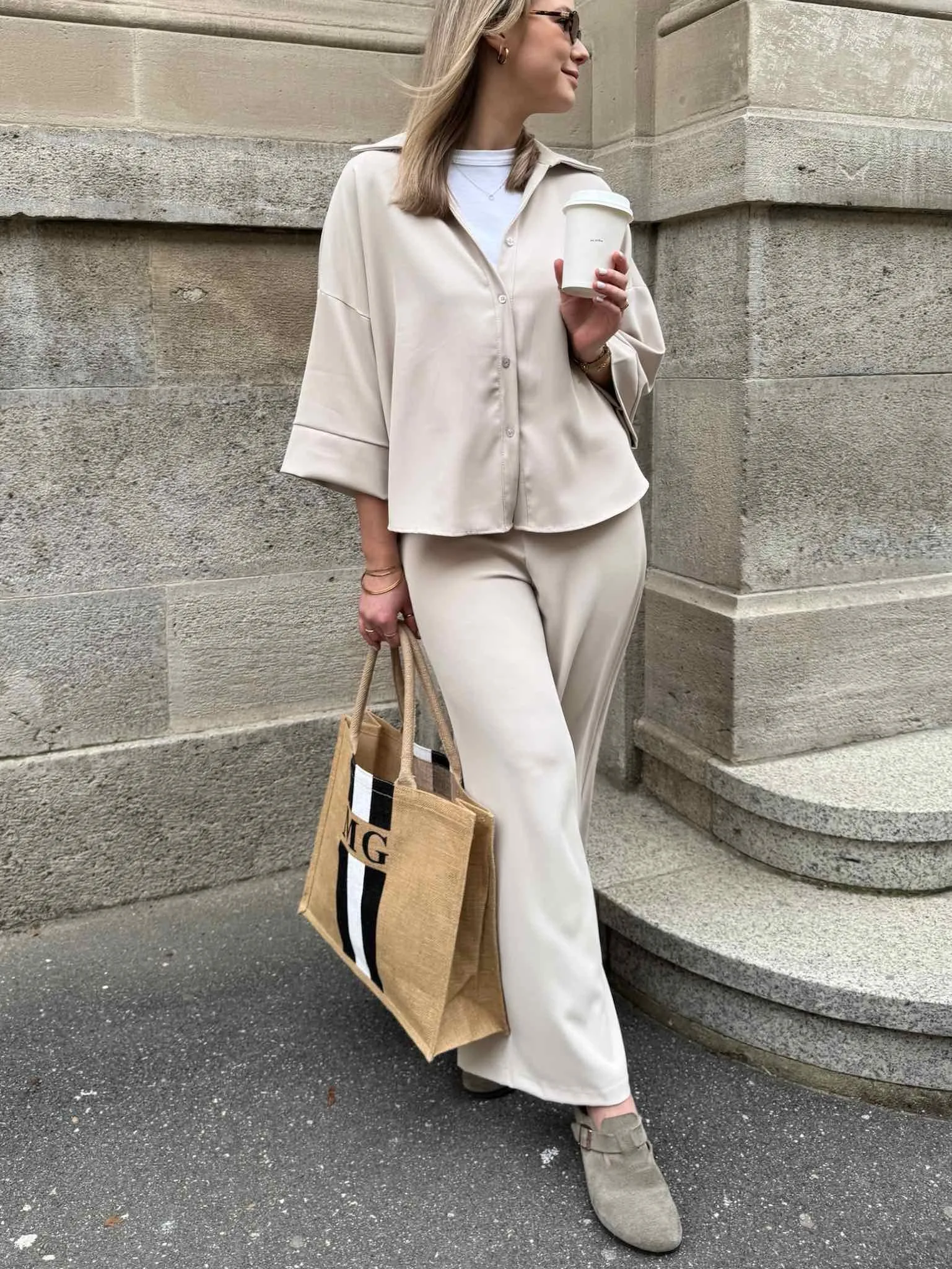 Flowy Wide Leg Pants - Beige