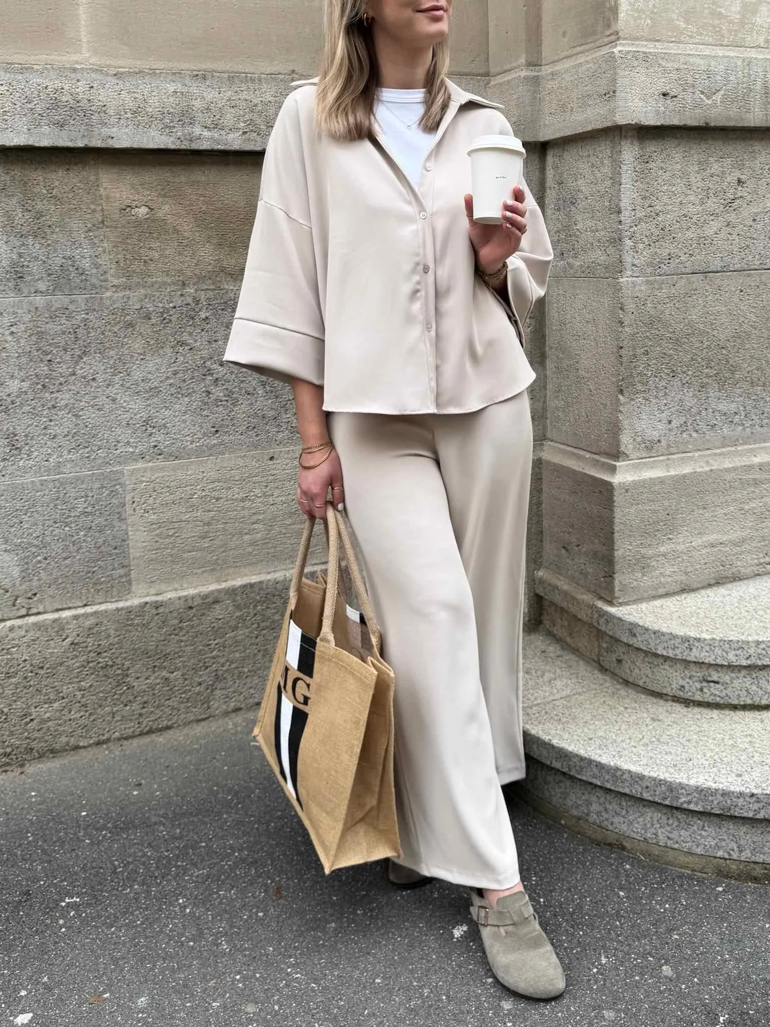 Flowy Wide Leg Pants - Beige