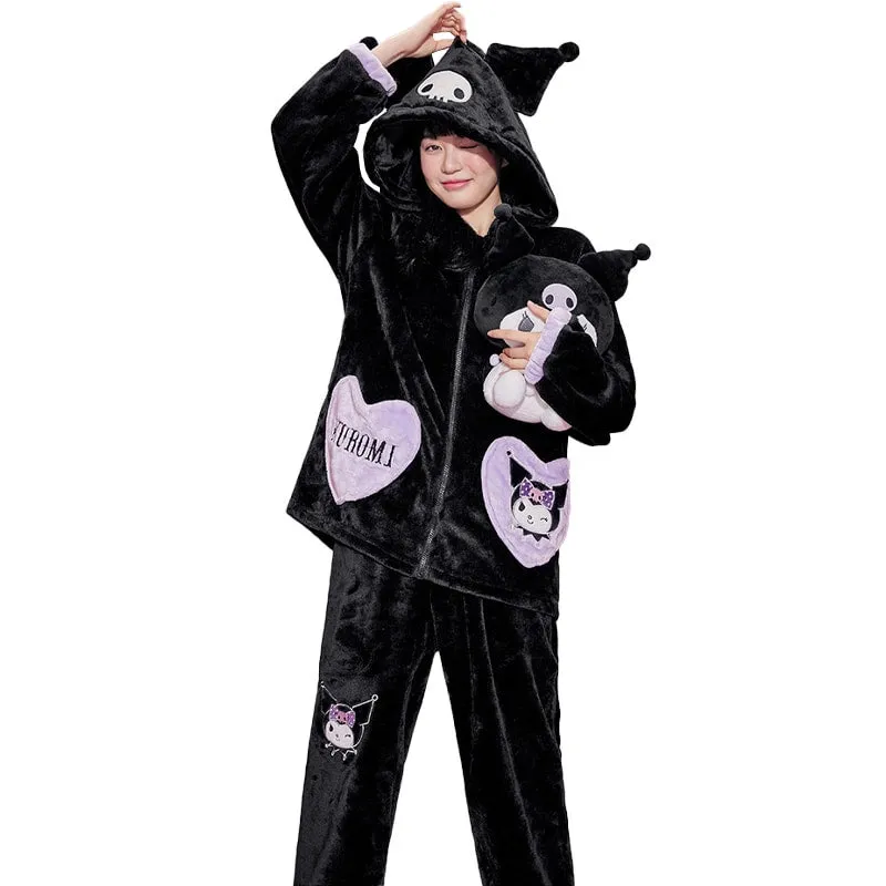 Kuromi Inspired Black Plush Hooded Pajama Set