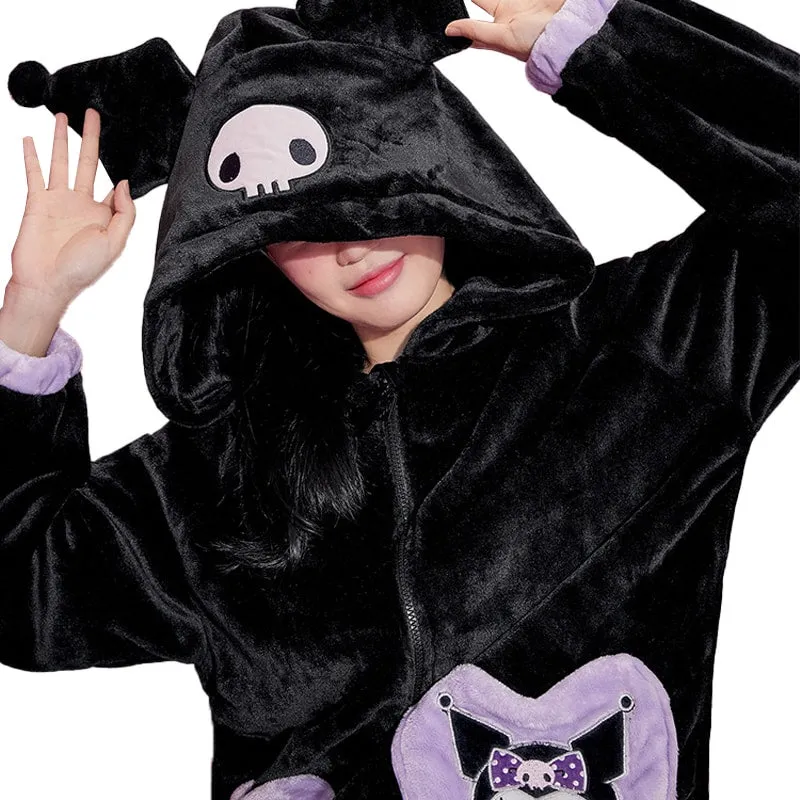 Kuromi Inspired Black Plush Hooded Pajama Set
