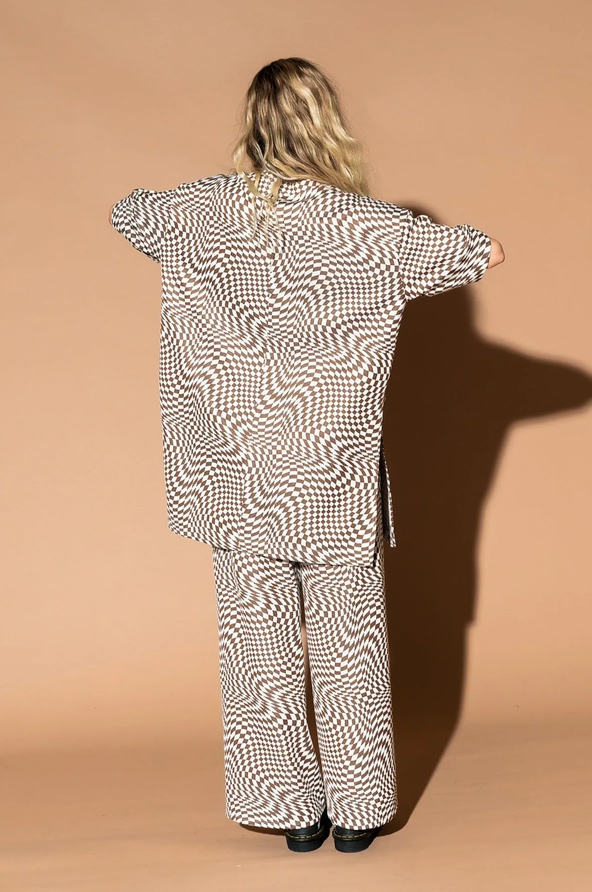 Leveled Up Double Knit Playsuit in Groovy Brown Checker