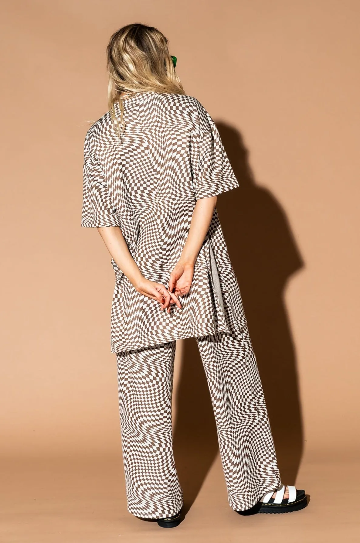 Leveled Up Double Knit Playsuit in Groovy Brown Checker