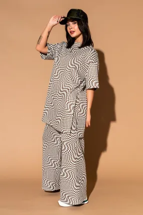 Leveled Up Double Knit Playsuit in Groovy Brown Checker