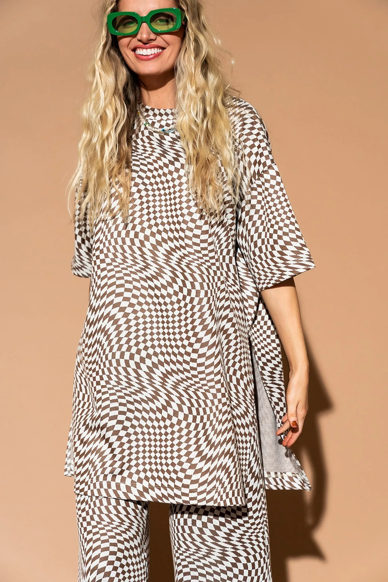 Leveled Up Double Knit Playsuit in Groovy Brown Checker