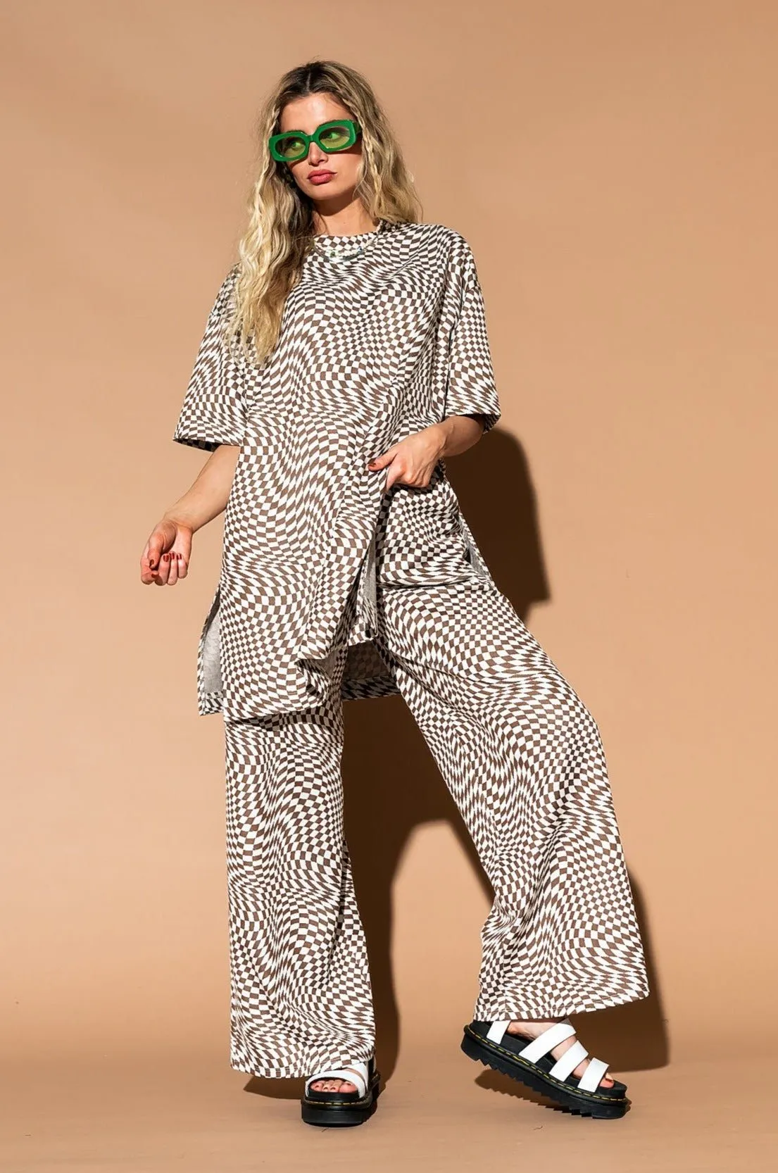 Leveled Up Double Knit Playsuit in Groovy Brown Checker