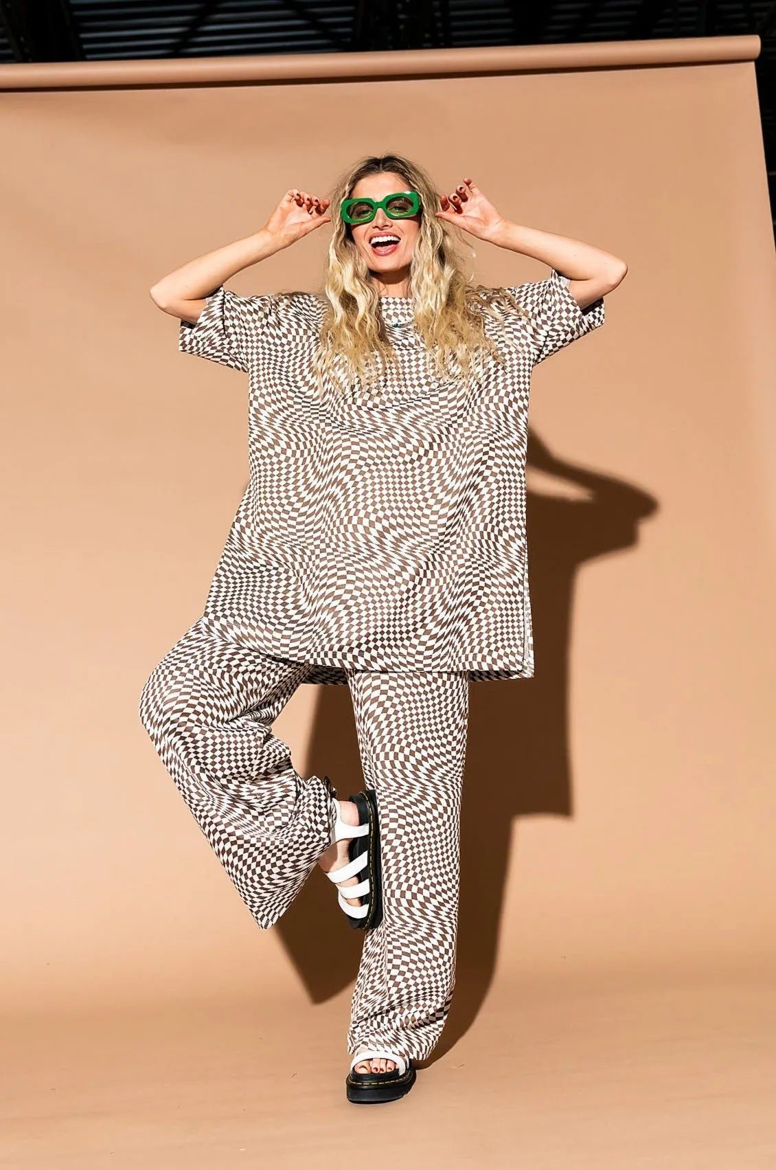 Leveled Up Double Knit Playsuit in Groovy Brown Checker