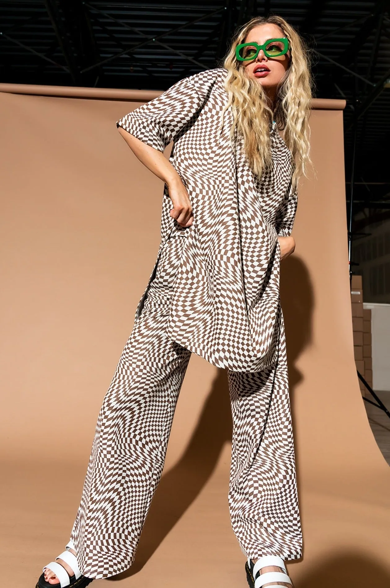 Leveled Up Double Knit Playsuit in Groovy Brown Checker