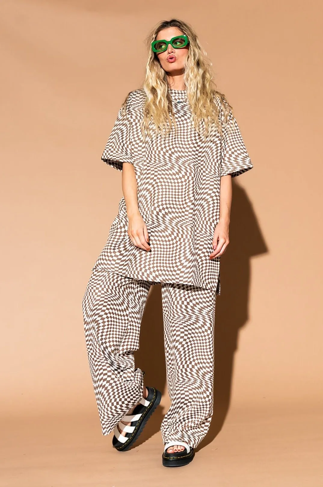 Leveled Up Double Knit Playsuit in Groovy Brown Checker