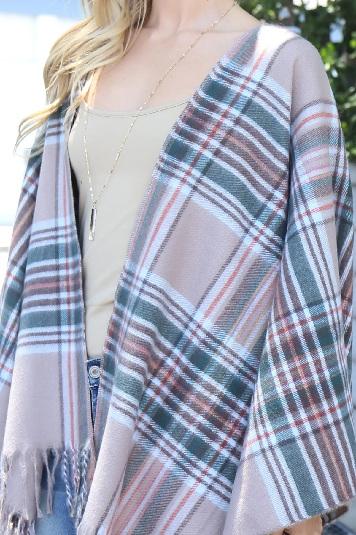 PLAID KNIT FRINGE OPEN FRONT KIMONO