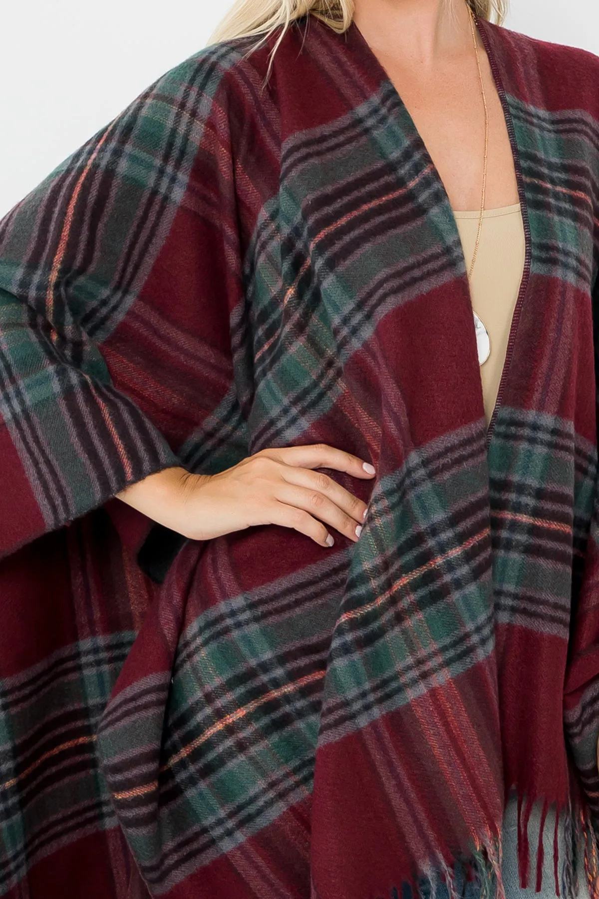 PLAID KNIT FRINGE OPEN FRONT KIMONO