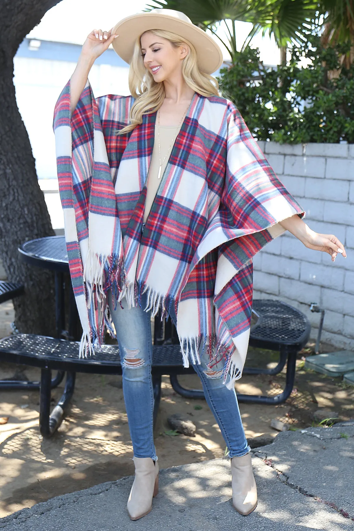 PLAID KNIT FRINGE OPEN FRONT KIMONO