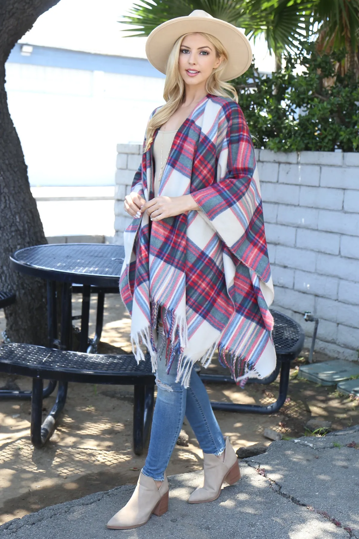 PLAID KNIT FRINGE OPEN FRONT KIMONO