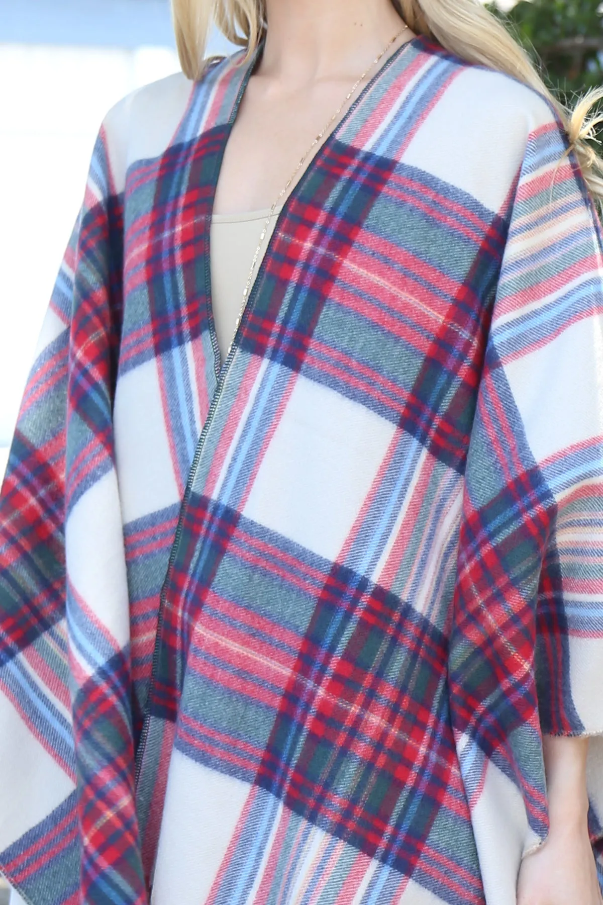 PLAID KNIT FRINGE OPEN FRONT KIMONO