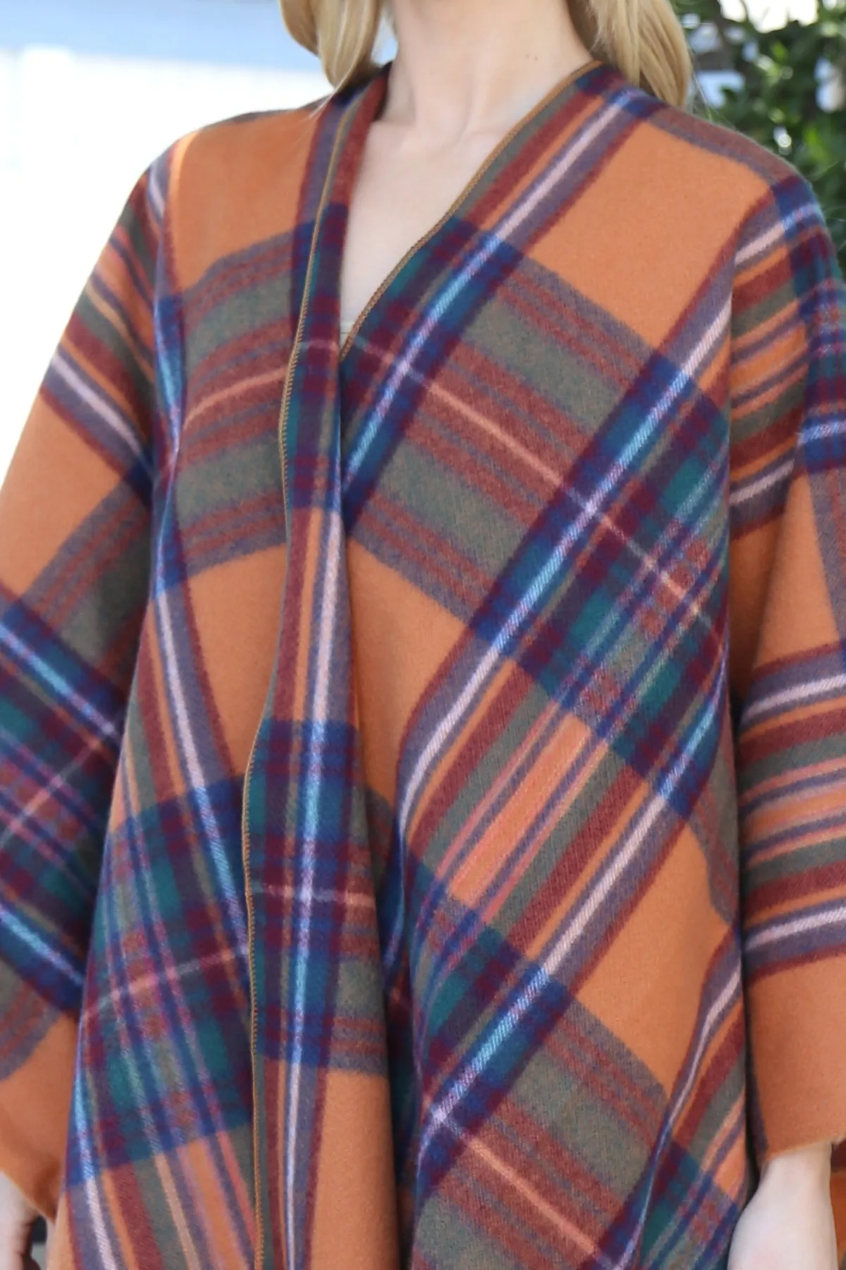 PLAID KNIT FRINGE OPEN FRONT KIMONO