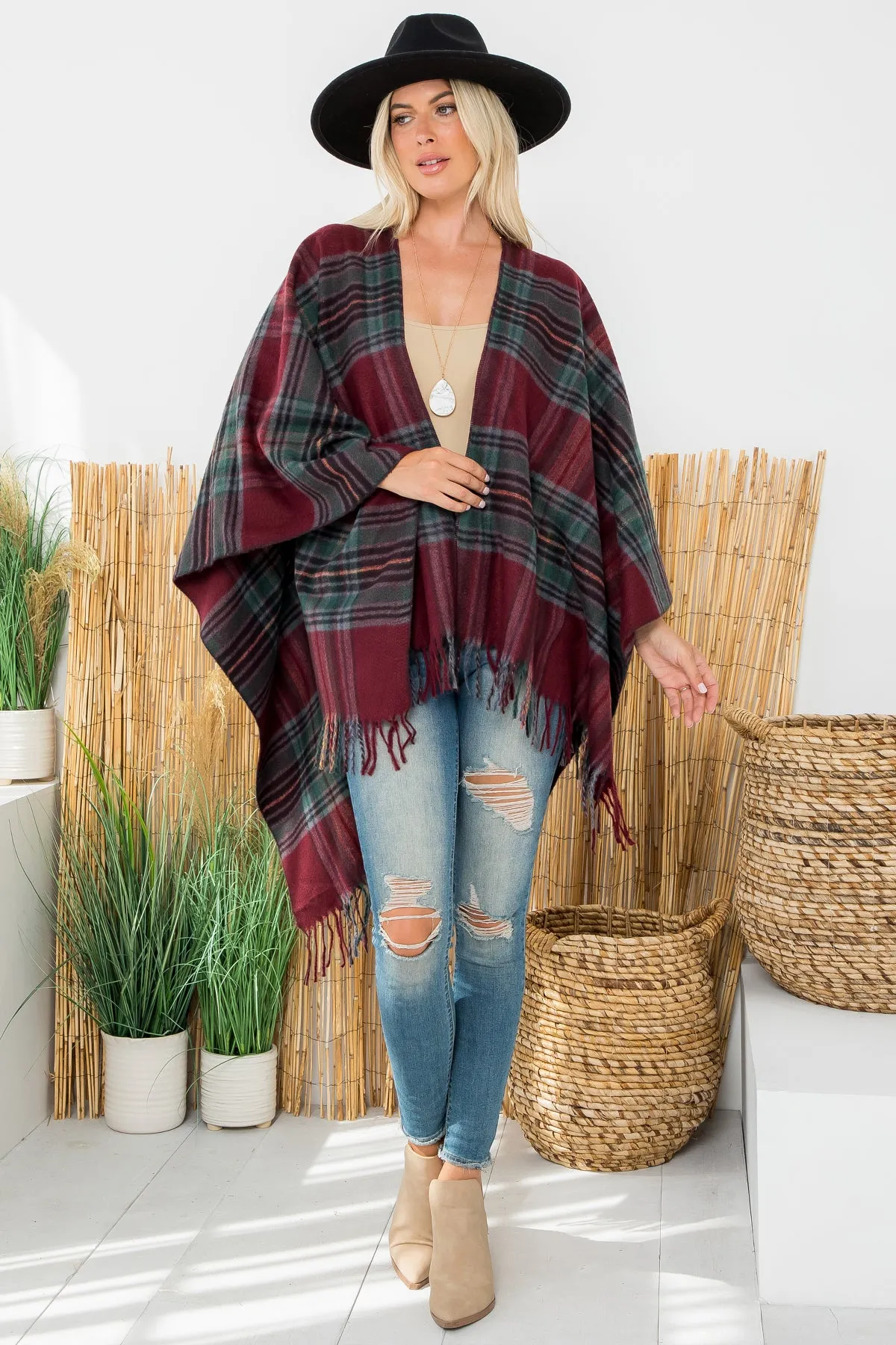 PLAID KNIT FRINGE OPEN FRONT KIMONO