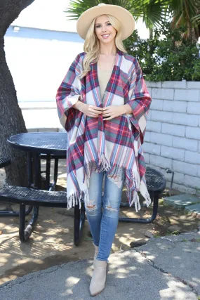 PLAID KNIT FRINGE OPEN FRONT KIMONO