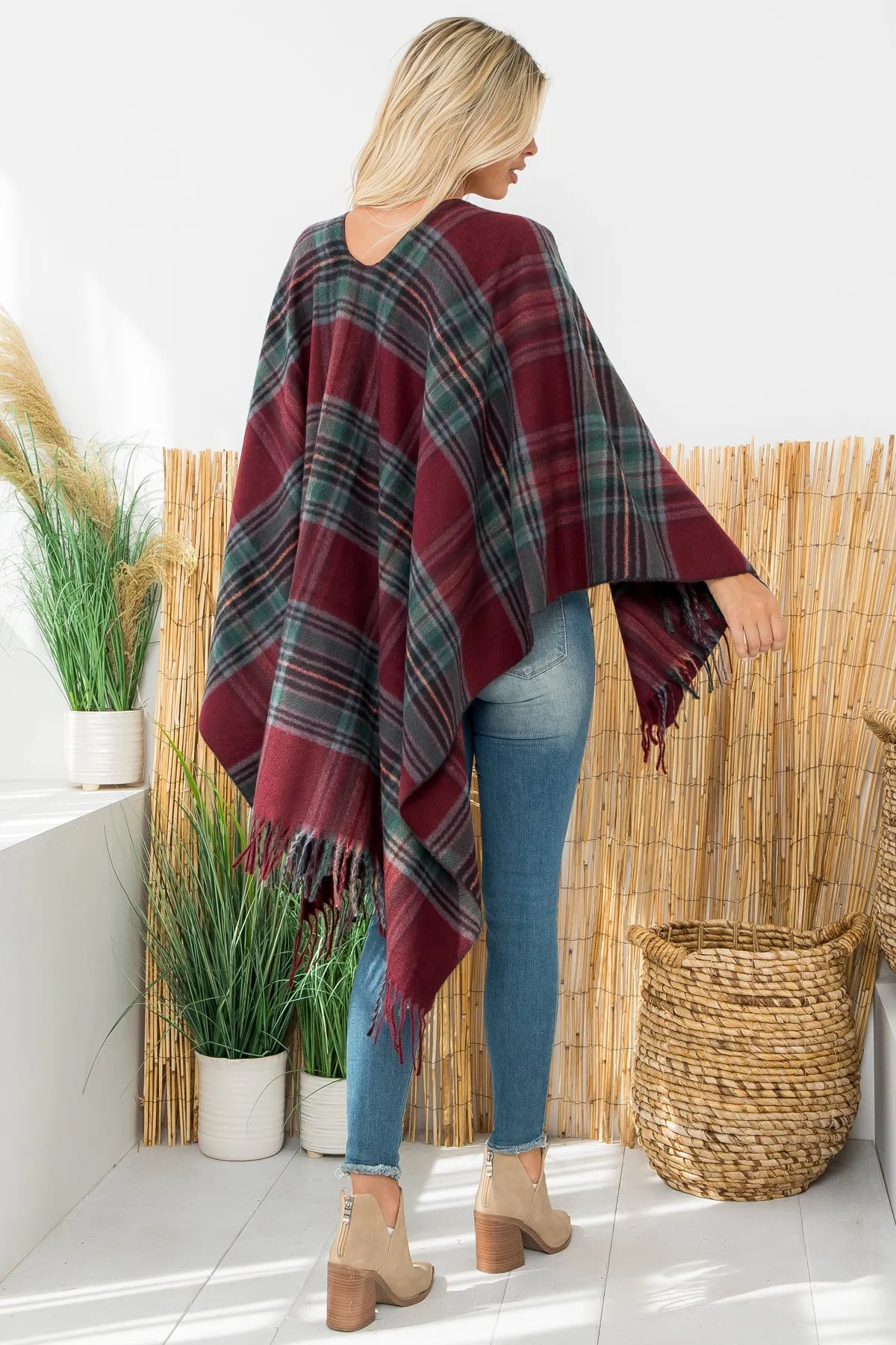 PLAID KNIT FRINGE OPEN FRONT KIMONO