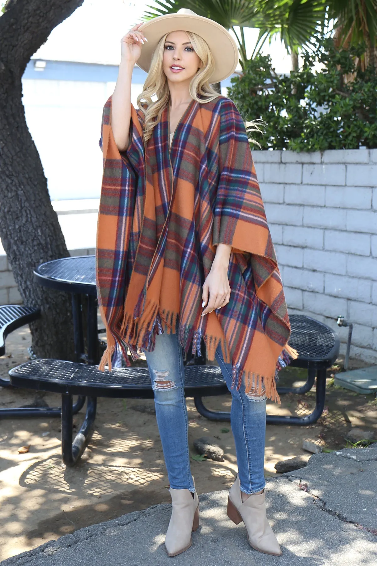 PLAID KNIT FRINGE OPEN FRONT KIMONO