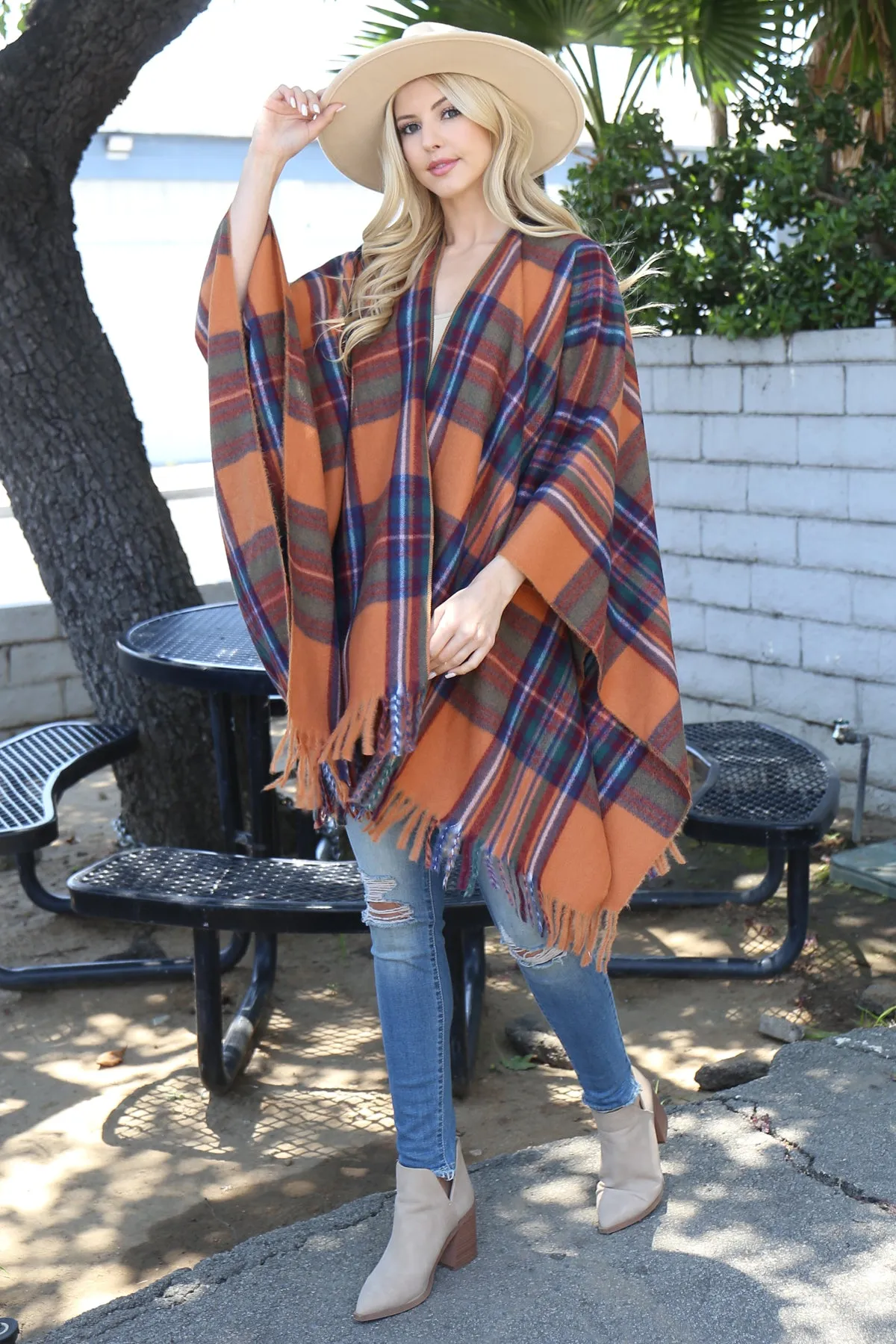 PLAID KNIT FRINGE OPEN FRONT KIMONO