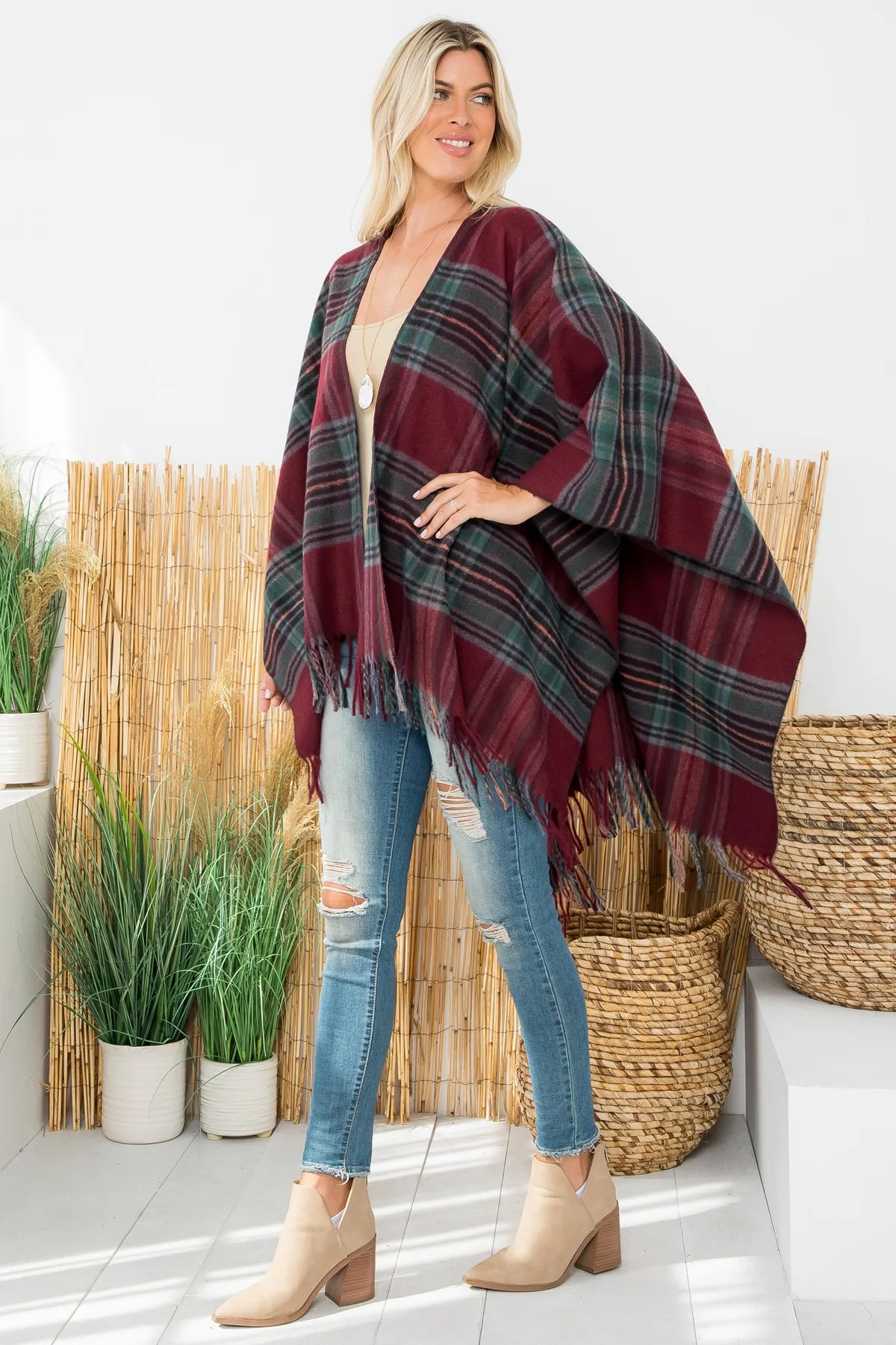 PLAID KNIT FRINGE OPEN FRONT KIMONO