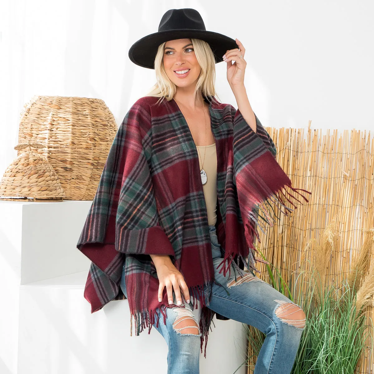 PLAID KNIT FRINGE OPEN FRONT KIMONO