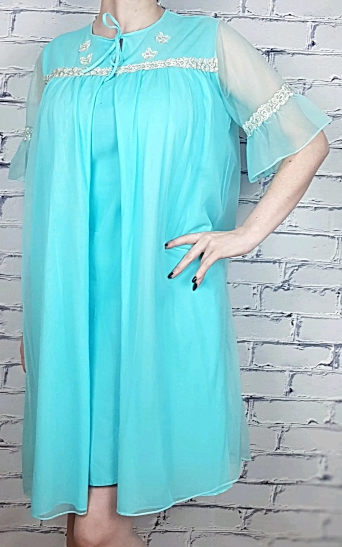 Vintage 60's Azure Blue Peignoir Slip & Robe Lingerie Set