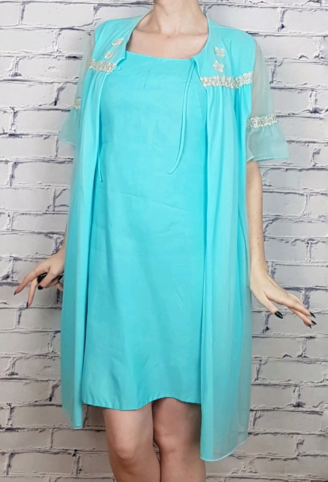 Vintage 60's Azure Blue Peignoir Slip & Robe Lingerie Set